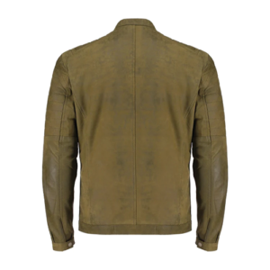 Back view of men's olive green leather biker jacket with panel stitching by Leather and Kids