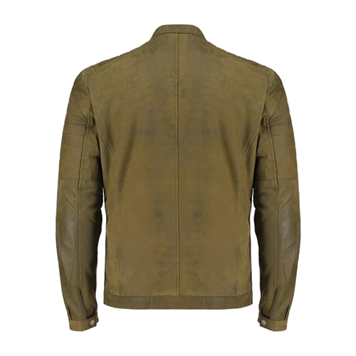 Back view of men's olive green leather biker jacket with panel stitching by Leather and Kids