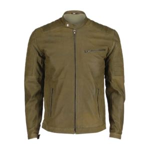 Men's olive green leather biker jacket front view with snap collar and zip pockets by Leather and Kids