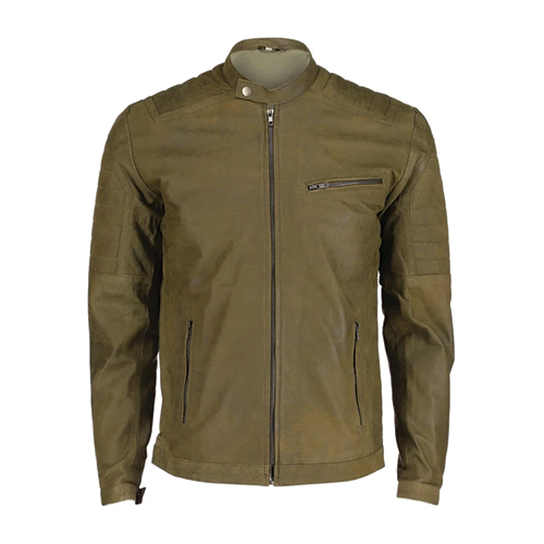 Men's olive green leather biker jacket front view with snap collar and zip pockets by Leather and Kids