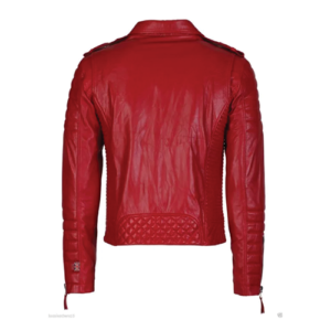 Back view of women's red quilted leather biker jacket with epaulette shoulders by Leather and Kids
