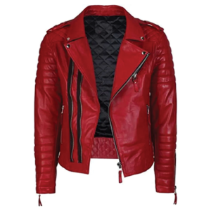 Men's red leather biker jacket with quilted black lining and double zip stripes by Leather and Kids