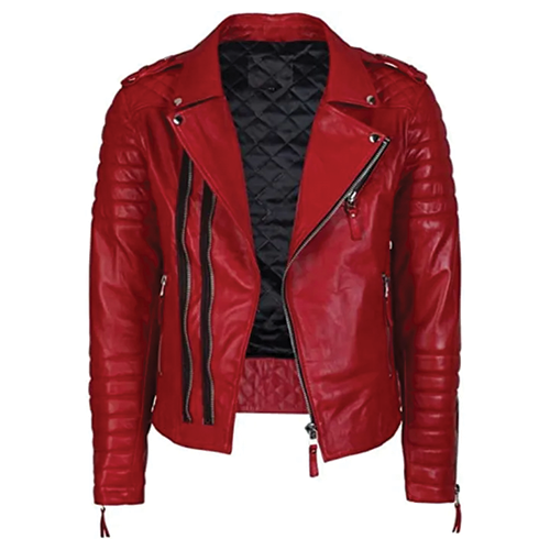 Red Quilted Leather Biker Jacket for Men – Leather and Kids Men's red leather biker jacket with quilted black lining and double zip stripes by Leather and Kids