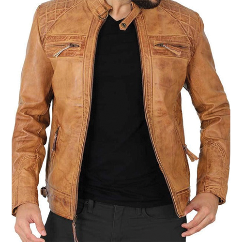 Man wearing tan quilted leather cafe racer jacket over black t-shirt by Leather and Kids
