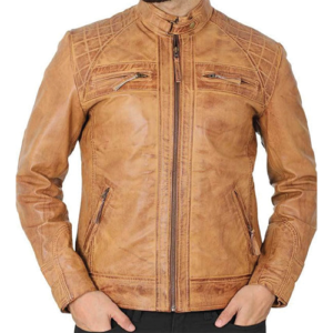 Man wearing tan quilted leather biker jacket with snap collar by Leather and Kids