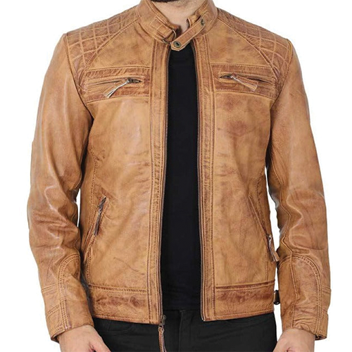 Man wearing tan distressed leather biker jacket with snap collar and zip pockets by Leather and Kids