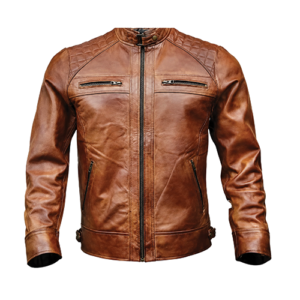 Men's brown distressed leather cafe racer jacket with quilted shoulders by Leather and Kids