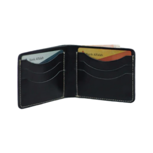 Open Men's Black Leather Bifold Wallet showing multiple leather wallet card slots filled with cards