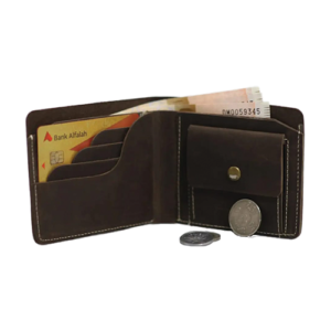Open Men's Black Leather Bifold Wallet showing a card slot organizer, folded cash, and snap-button coin pocket with coins beside it.