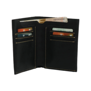 Open Men's Black Leather Bifold Wallet showing a leather wallet cash compartment alongside layered card sleeves.