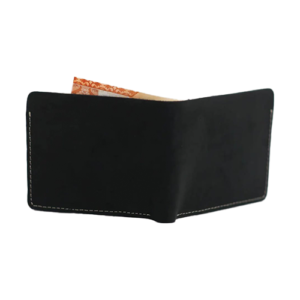 Open Men's Black Leather Bifold Wallet showing a card slot wallet compartment with visible stitched leather edges.