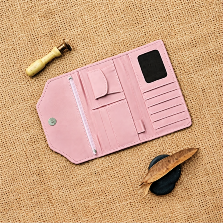 Open Pink Leather Envelope Wallet showing pink leather wallet interior compartments styled with sunglasses on a woven backdrop.