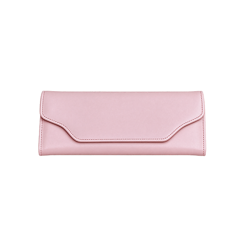 Pink Leather Envelope Wallet | Leather and Kids Pink Leather Envelope Wallet with a pointed flap closure and smooth stitched trim, shown closed.