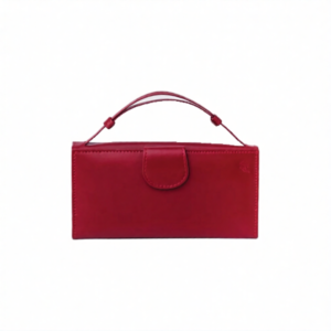 Straight front view of the Red Leather Wristlet Clutch Wallet showing the red leather wallet front closure detail and top handle loop.