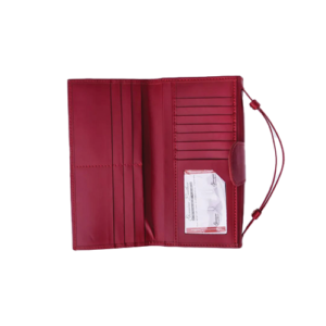 Red Leather Wristlet Clutch Wallet laid flat in a full open spread showing vertical card pockets and wrist strap.