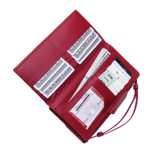 Interior view of the Red Leather Wristlet Clutch Wallet showing a red leather wallet zip coin pocket and dual ID window slots.