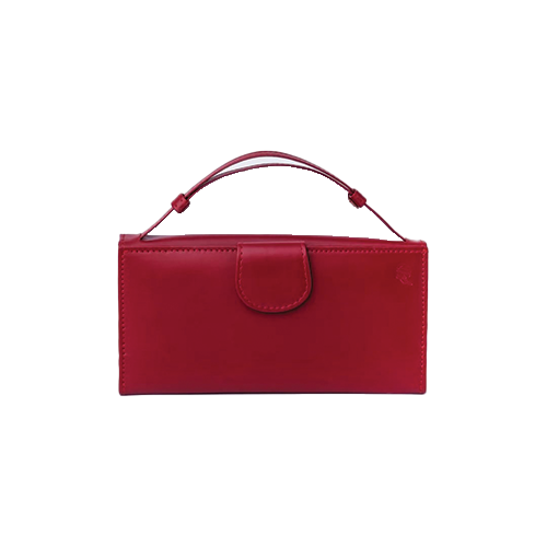 Red Leather Wristlet Clutch Wallet with a wrist strap handle and tab button closure, shown closed.