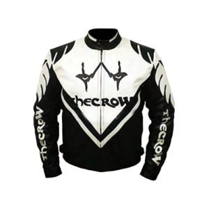 The Crow Motorcycle Leather Jacket in black and white with a chevron panel design and racing-style branding on the chest.