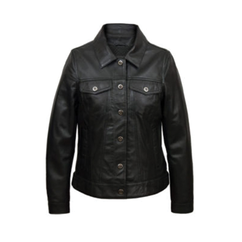 Black Leather Trucker Jacket for Women – Leather and Kids Women's black leather trucker jacket with button flap pockets by Leather and Kids