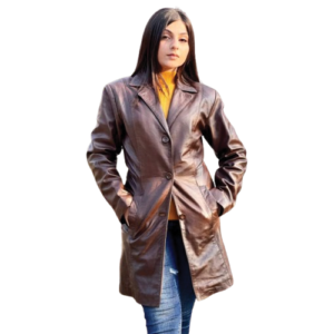 Woman wearing brown leather three-button longline coat over mustard sweater by Leather and Kids