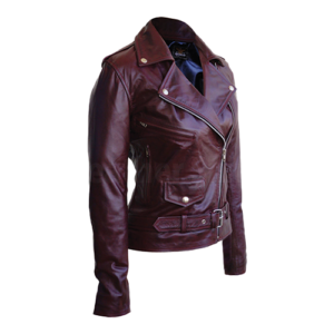 Women's maroon leather biker jacket with asymmetric zip and buckle belt by Leather and Kids