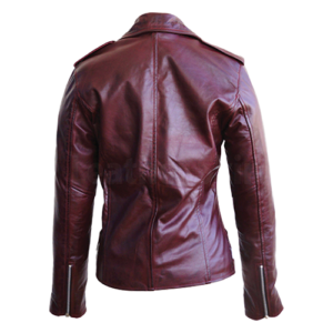 Back view of women's maroon leather biker jacket with epaulette shoulders and zippered cuffs by Leather and Kids