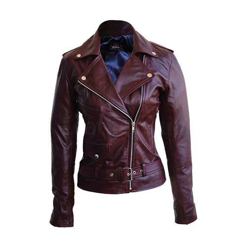 Maroon Leather Biker Jacket Front View – Leather and Kids Women's maroon leather biker jacket front view with epaulette shoulders and belt by Leather and Kids