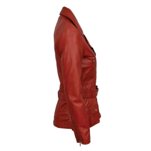 Side view of women's red leather jacket with belted waist and flap pocket by Leather and Kids