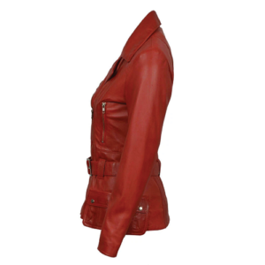 Side view of women's red leather jacket with flap pockets and belt buckle by Leather and Kids