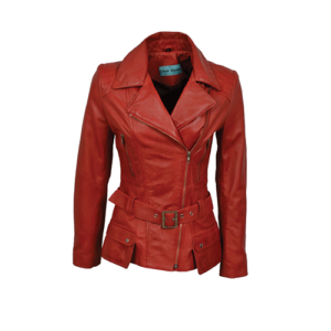 Women's long red leather jacket with flap pockets and buckle belt by Leather and Kids