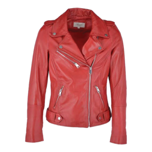Women's red leather biker jacket front view with asymmetric zip closure by Leather and Kids