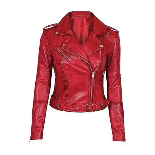 Red Leather Moto Jacket with Belt – Leather and Kids Women's red leather biker jacket with studded belt and epaulette shoulders by Leather and Kids