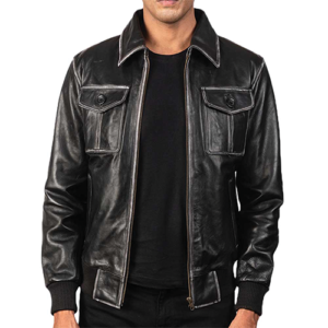 Full front view of a man wearing the Aaron Leather Bomber Jacket, showing the men's black leather jacket full view with pockets and ribbed trim.