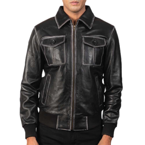 Man wearing the Aaron Leather Bomber Jacket in black with a spread collar, dual flap chest pockets, and ribbed cuffs and hem.