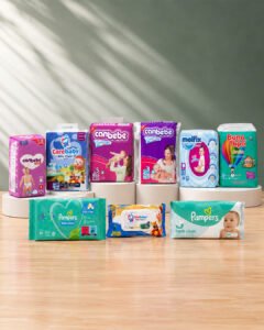 Care Baby diaper collection featuring Canbebe, Molfix, Bona Papa, and Pampers diapers with baby wipes
