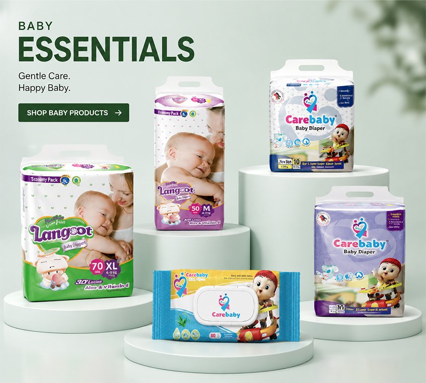 Leather and Kids baby essentials collection Langoot and Carebaby diapers with baby wipes on display pedestals