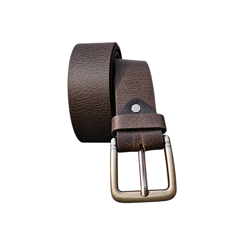 Men's vintage brown textured leather belt coiled with mottled grain, ridged antique metal pin buckle and dark riveted leather patch on a white background