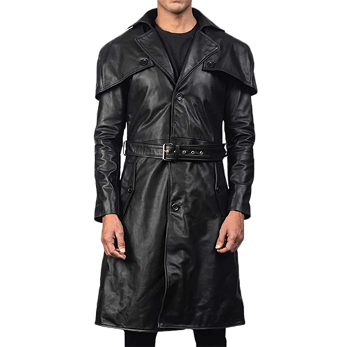 Black Leather Coat Cape Collar Belted View | Leather and Kids Front view of men's long black leather coat with oversized cape collar and belted waist, Leather and Kids