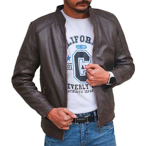 Men's Brown Leather Jacket – Front Zip View | Leather and Kids Front view of men's brown leather jacket with mandarin collar and raglan sleeves being zipped up, Leather and Kids