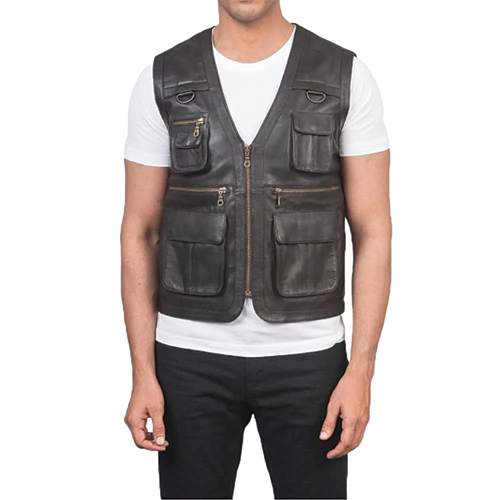 Men's Black Leather Utility Vest – Full Front View | Leather and Kids Full front view of men's black leather utility vest with multiple zip pockets – Leather and Kids