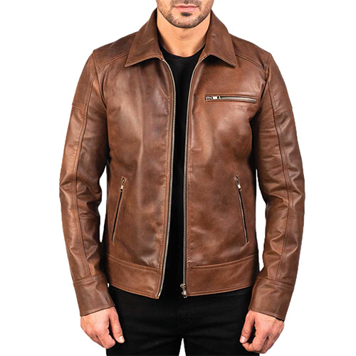 Men's Distressed Brown Leather Biker Jacket – Leather and Kids en's brown leather biker jacket with zip front, shirt collar and multiple zip pockets from Leather and Kids