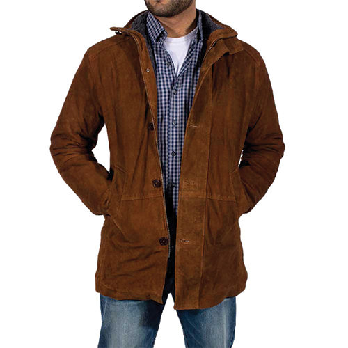 Men's Tan Suede Hooded Coat – Leather and Kids Men's tan suede coat with detachable hood, button placket and patch pockets from Leather and Kids
