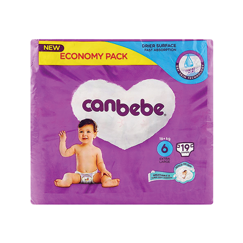 Canbebe Diapers Size 6 Extra Large Economy Pack (16+kg, 19pcs) | Leather and Kids Canbebe diapers size 6 extra large economy pack, 16+kg, 19 count, purple packaging – Leather and Kids