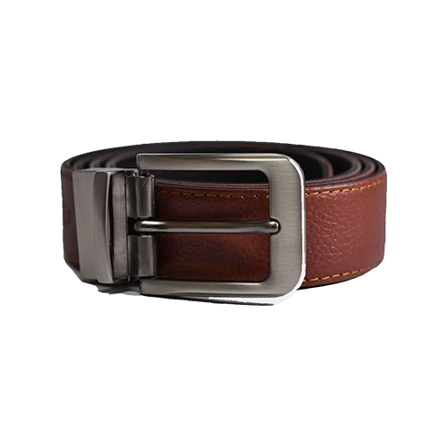 Men's cognac brown leather belt with pebbled grain, amber edge stitching and a brushed gunmetal pin buckle with a hinged base on a white background