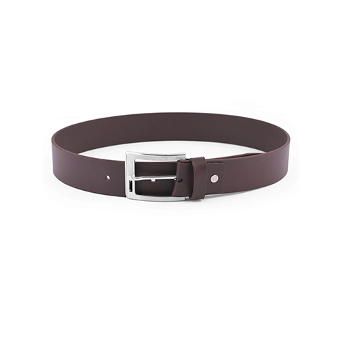 Men's plum brown leather belt laid in a full open loop with a silver square pin buckle, keeper loop, rivet and punched hole on a white background