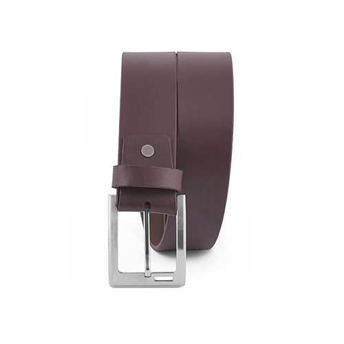 Men's burgundy brown leather belt with smooth matte strap, square brushed silver pin buckle and riveted keeper loop on a white background