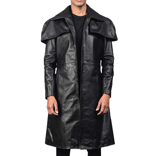 Black Leather Coat Cape Collar Front View | Leather and Kids Straight-on front view of men's long black leather coat with oversized cape collar worn open, Leather and Kids