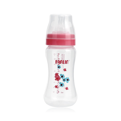 Farlin wide-neck baby feeding bottle with pink cap and floral print – Leather and Kids