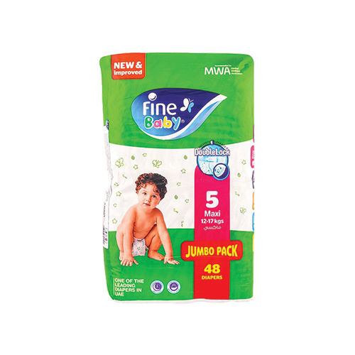 Fine Baby diapers size 5 maxi jumbo pack 12-17kg 48 count pack available at Leather and Kid