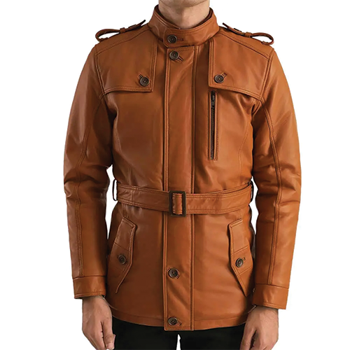 Tan Leather Jacket Straight Front View | Leather and Kids Straight-on front view of men's tan leather jacket with standing collar, shoulder straps, and belt buckle, Leather and Kids